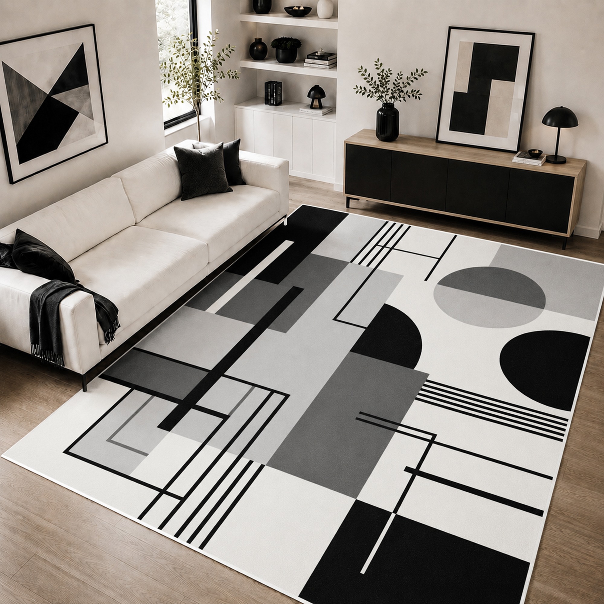 Black gray and white abstract geometric SOVTAROV area rug