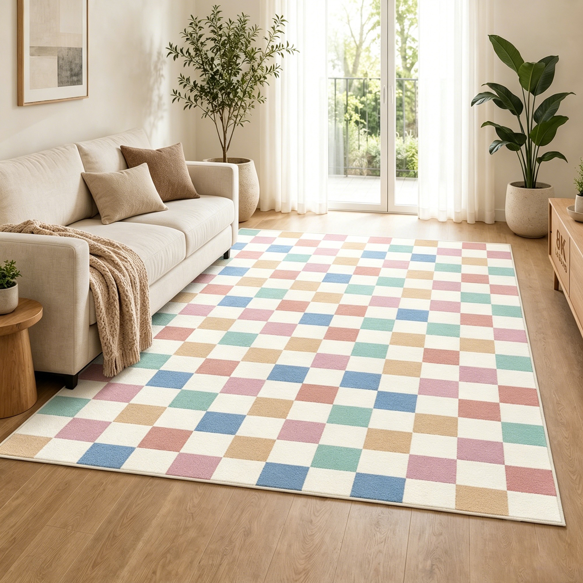 SOVTAROV colorful checkered area rug in a modern living room